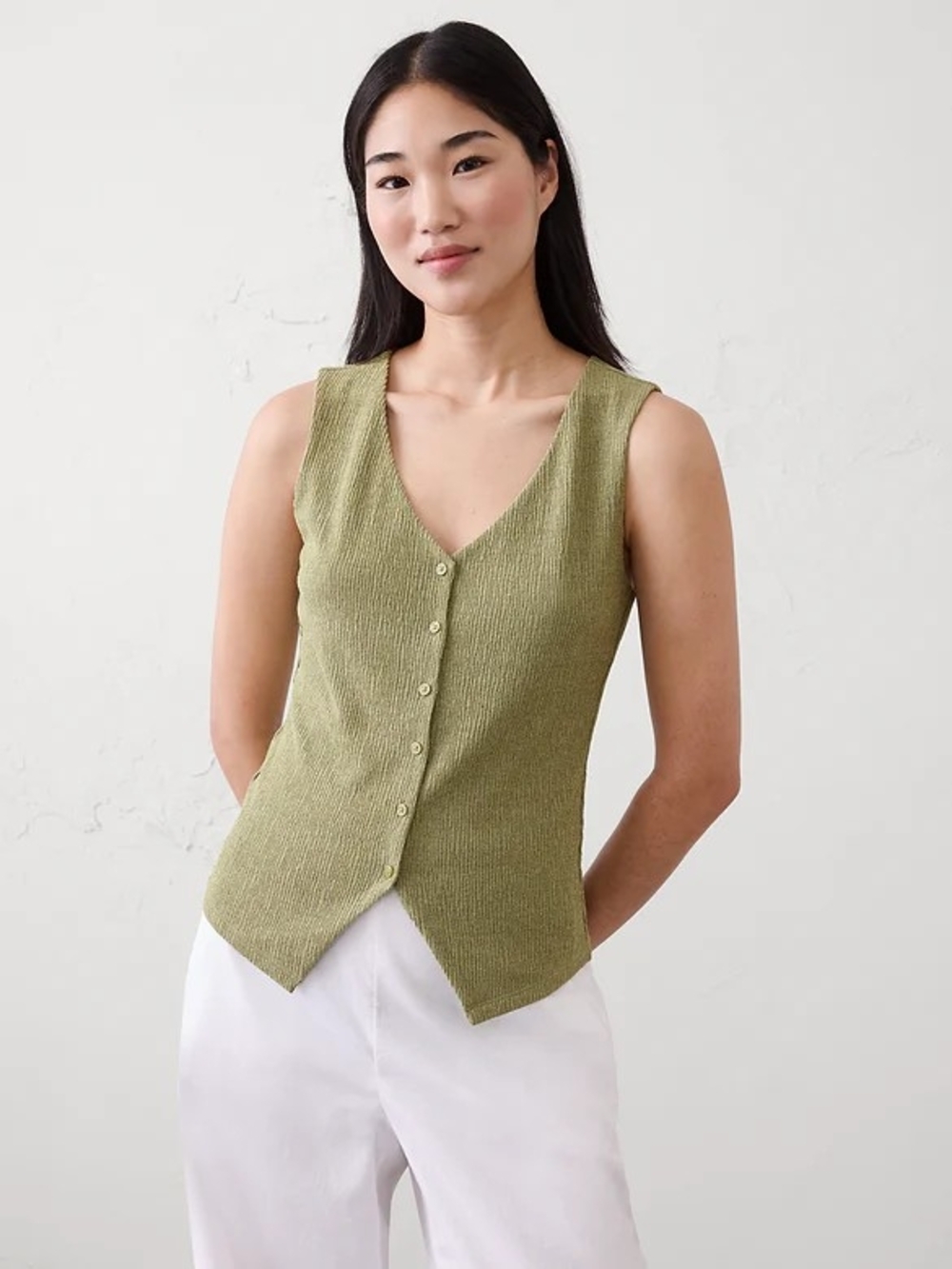 Banana Republic Factory Jacquard Crinkled Vest Top Mosstone Green M - Picture 5 of 5
